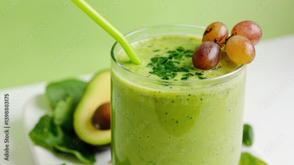 A glass of green smoothie with a green straw is topped with red grapes and green herbs. Beside it, a halved avocado and spinach leaves rest on a white background, representing healthy eating. A glass of green smoothie with a green straw is topped with red grapes and green herbs. Beside it, a halved avocado and spinach leaves rest on a white background, representing healthy eating.