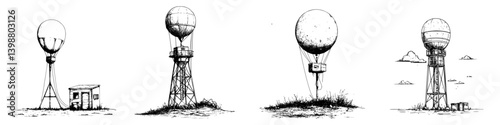 Various types of observation towers with balloons in different conditions and settings over time