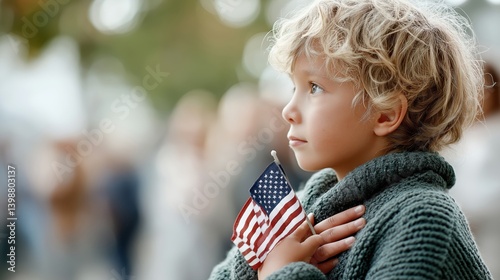 Obraz na płótnie Little boy holding American flag in thoughtful pose outdoors w salonie