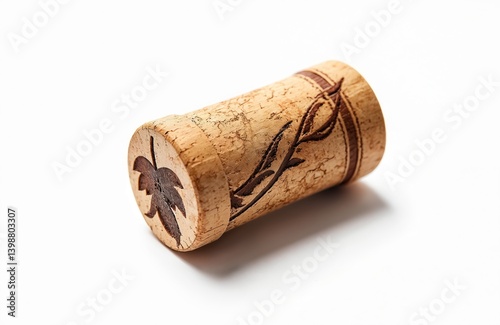 Wine cork with a carved leaf on a white background. Wooden stopper for beverage bottles. Close-up, isolated shot ideal for wine or beverage marketing. Concept of luxury drinks and restaurant.