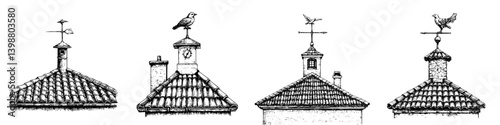 Detailed sketches of various rooftops with weather vanes showcasing unique designs in a town under a clear sky