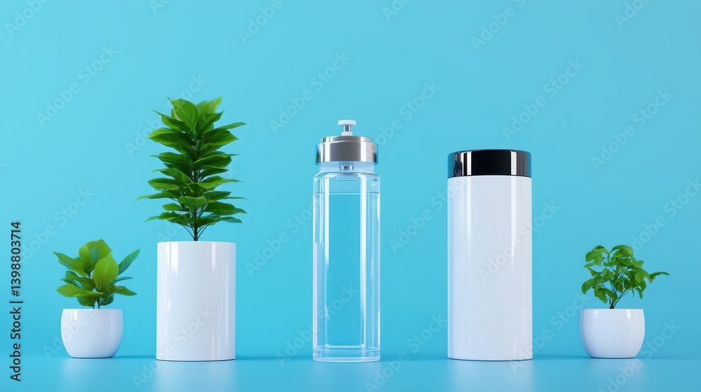 Eco-friendly water bottles and plants indoor space product photography minimalist environment close-up view