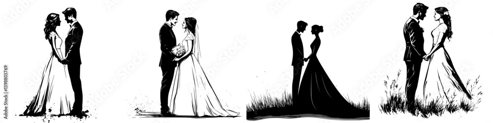 Unique black and white illustrations of couples embracing in wedding attire at various locations and moods Unique black and white illustrations of couples embracing in wedding attire at various locations and moods