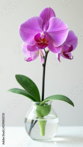 Single purple orchid in simple glass vase against pure white, orchid, floral