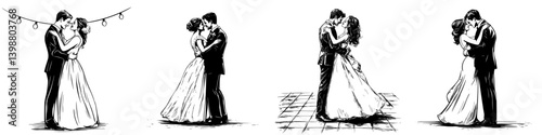 Couples celebrate love through intimate dances under string lights at a joyful outdoor wedding reception in the evening