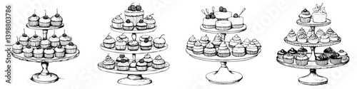 Delicious assortment of vintage cupcakes displayed on elegant trays at a charming dessert event in a cozy bakery