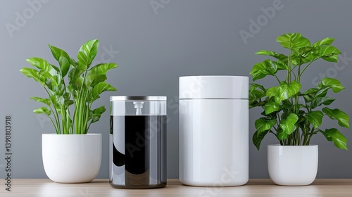 Modern indoor plant arrangement with decorative pots in a minimalist home environment