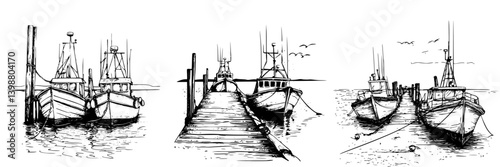 Fishing boats docked at a wooden pier during a calm evening in a coastal village