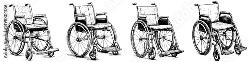 Different styles of wheelchairs displayed in a row showcasing diversity in design and functionality