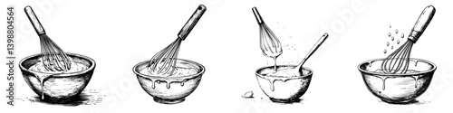 Mixing ingredients in multiple bowls with whisks showcasing different stages of preparation in a kitchen setting