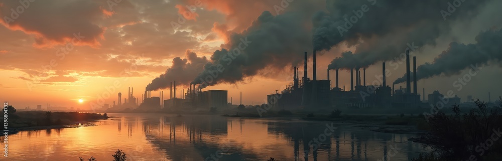 Obraz premium Industrial landscape factories emit smoke dramatic sunset sky. Pollution reflects in water body. Climate change, environmental concerns, industry influence. Urban decay, air contamination, toxic