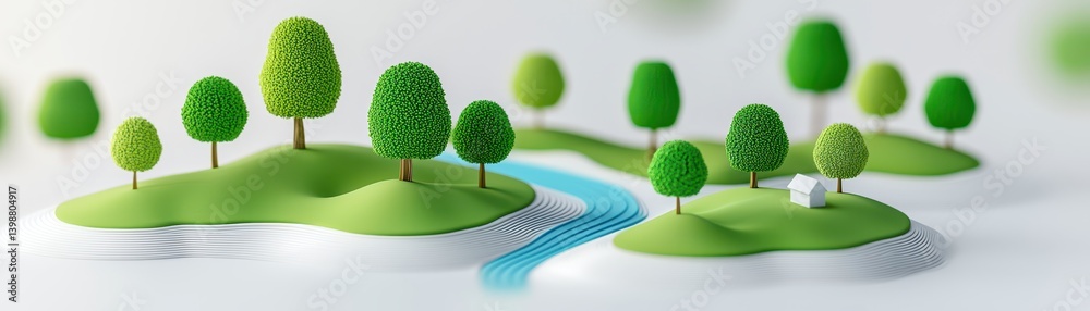 Tranquil nature scene featuring miniature trees and stream serene landscape digital art peaceful atmosphere