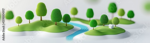 Obraz na płótnie Tranquil nature scene featuring miniature trees and stream serene landscape digital art peaceful atmosphere w salonie