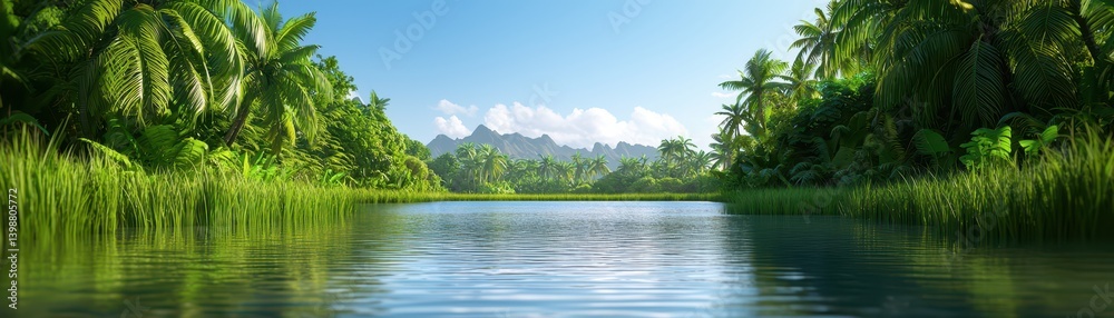 Tranquil river flowing through lush tropical landscape nature scene serene environment vibrant viewpoint