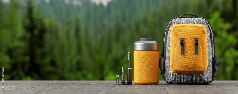Outdoor adventure gear setup stylish backpack and essentials in lush green nature setting