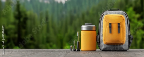 Obraz na płótnie Outdoor adventure gear setup stylish backpack and essentials in lush green nature setting w salonie