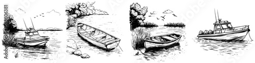 Boats lined along a tranquil river bank during a sunny day in a serene natural setting