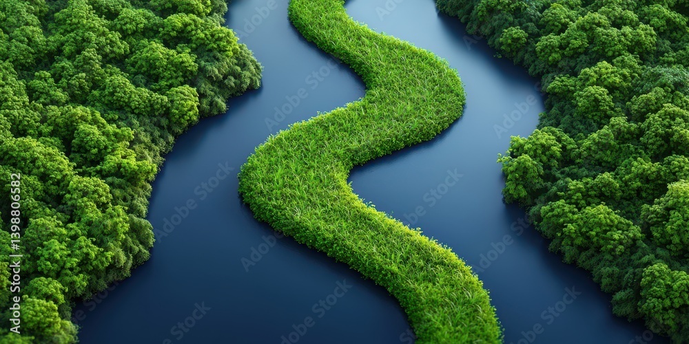 Winding river flowing through lush green forest aerial view nature photography serene landscape