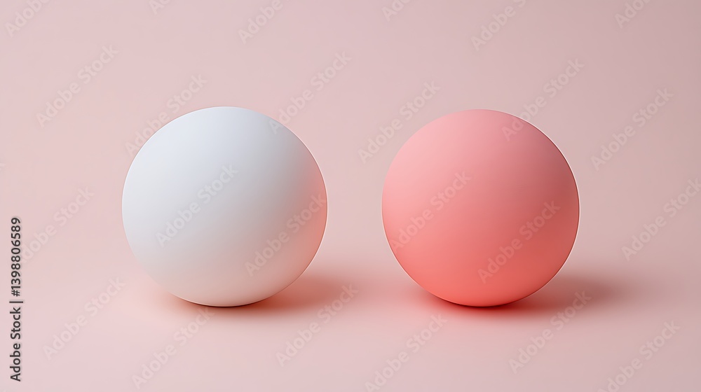 Fototapeta premium Two contrasting spheres of pale pink and white on a pastel pink background.