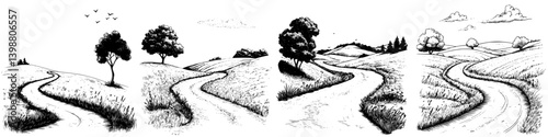 Winding country paths through rolling hills under a clear sky with trees and birds flying overhead