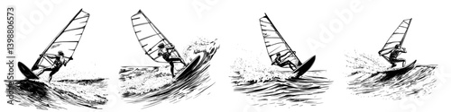 Windsurfing action on a vibrant ocean during a sunny day, showcasing multiple techniques and maneuvers