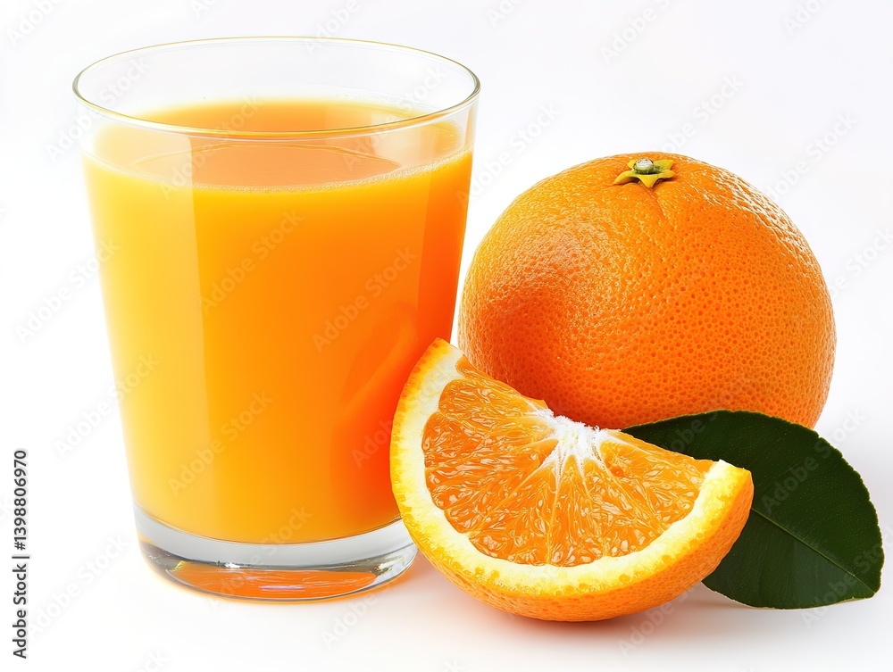 Vibrant Orange Juice in Glass with a Fresh Whole Orange and Slice Vibrant Orange Juice in Glass with a Fresh Whole Orange and Slice