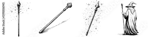 Magical staff with ornate design and sparkles representing mystical powers and spells