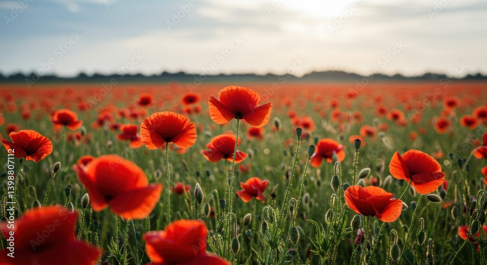 Fototapeta premium Red poppy flowers blooming in a vibrant field under sunlight 