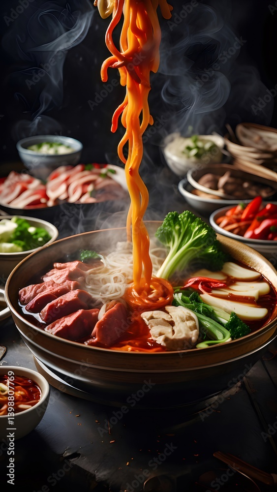 Steaming Bowl Of Spicy Noodles With Meat And Vegetables On A Wooden Table Steaming Bowl Of Spicy Noodles With Meat And Vegetables On A Wooden Table