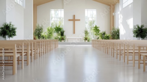 Empty, bright church interior.  Tranquil, modern, minimalist design