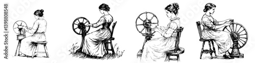 Women engaged in spinning yarn at home in a traditional setting during the early 1900s