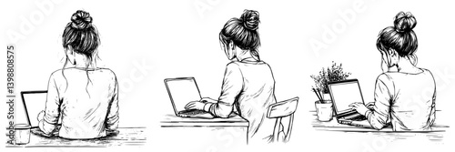 Young woman working on a laptop while sitting at a wooden table with a plant beside her in a cozy environment