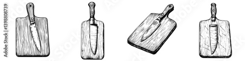 Detailed illustrations of various types of knives on wooden cutting boards shown in a creative layout in black and white