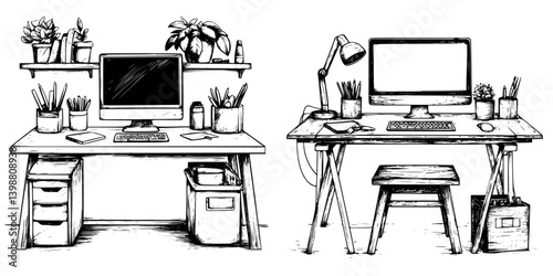 Modern workspace design with minimalist desks and green plants for productivity and organization