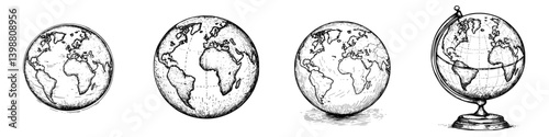 Different styles of globes highlighting the continents, capturing a sense of exploration and geographical understanding in early education