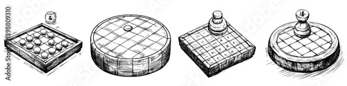 Various traditional board games displayed together on a white background showcasing unique shapes and pieces in a creative arrangement