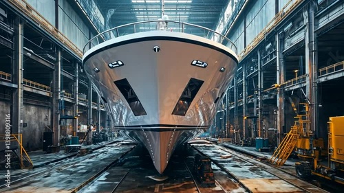 Luxury Yacht Under Construction in Industrial Shipyard
