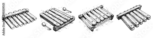 Wooden xylophone displayed in artistic sketches showing different angles and a mallet on a clean background