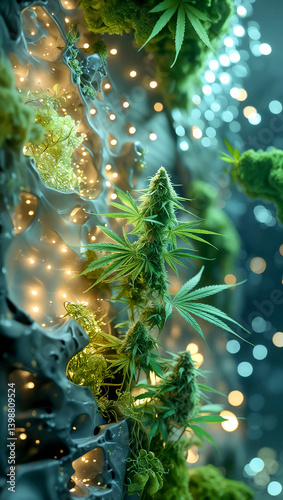 Cannabis plants thrive in a glowing, futuristic greenhouse, set in a high-tech space station with surreal lighting.
