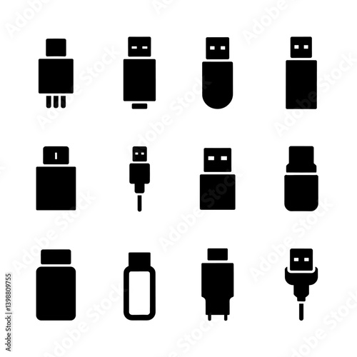 USB Flash Drive Silhouette Vector Bundle Black and White USB Flash Drive Clipart EPS Illustration