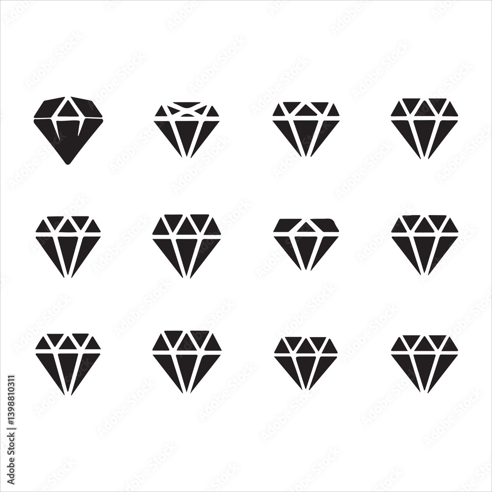 Set of geometric diamond icons with sharp angles and clean lines, perfect for luxury and jewelry design Set of geometric diamond icons with sharp angles and clean lines, perfect for luxury and jewelry design