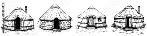 Traditional yurts in a series showcasing unique designs and structures in a rural landscape during daylight