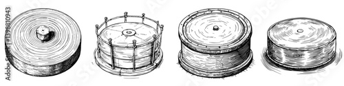 Various cylindrical objects displayed in a row showcasing different designs and textures of round-shaped items