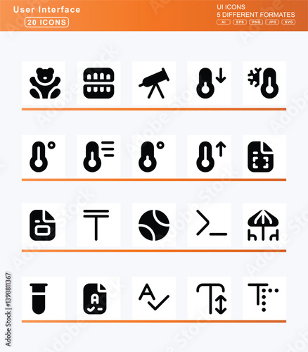 Set of 20 solid user interface icons, face, sad, sweat, icon, flat, vector, scream, shush, sleeping, sleepy, smile, halo, hearts, horns