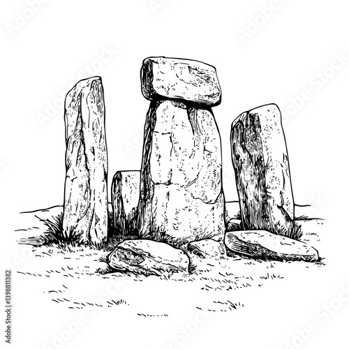 Historic stone circle located in a grassy area with various rock formations under clear sky