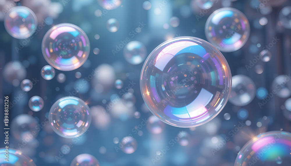 A cluster of iridescent soap bubbles floats against a softly blurred, light blue and white background with subtle bokeh. A cluster of iridescent soap bubbles floats against a softly blurred, light blue and white background with subtle bokeh.