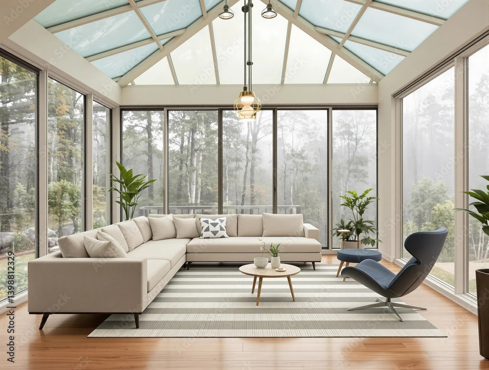 Fototapeta premium A living room with a white couch and a blue chair