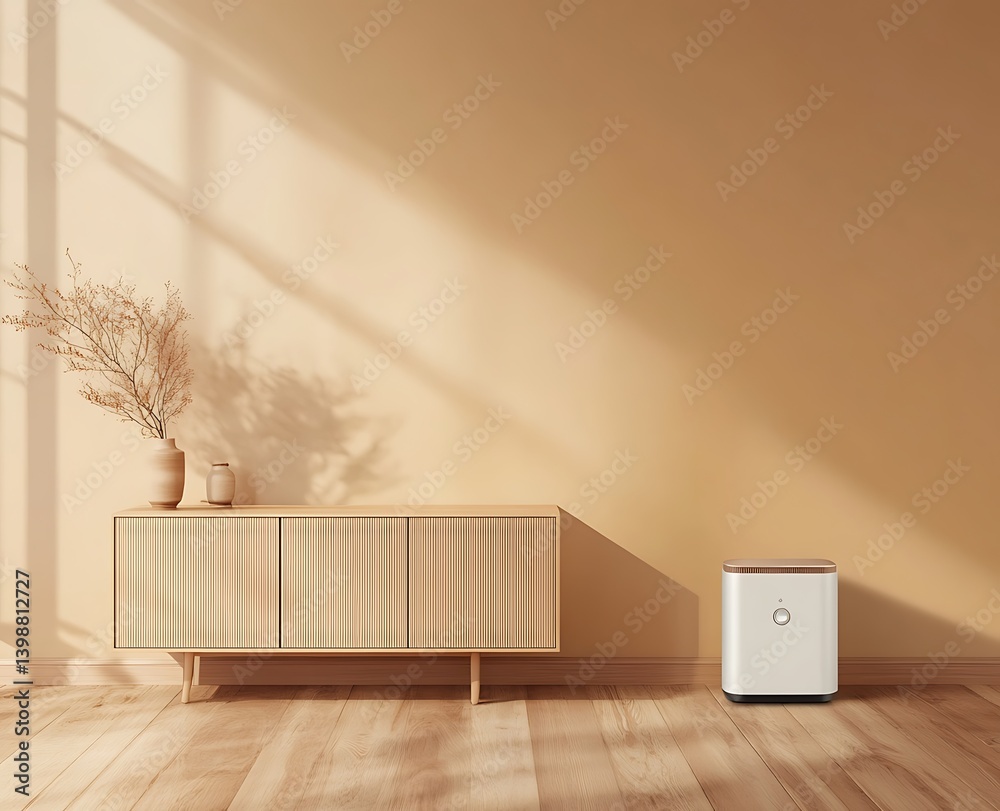 custom made wallpaper toronto digital3D rendering of a living room interior design with a beige wall and wooden floor, a long sideboard on the left wall, and an air purifier in front of it