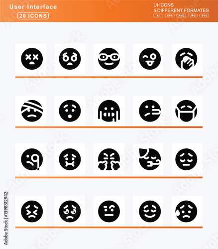 Set of 20 solid user interface icons, camera, cctv, icon, flat, vector, movie, retro, rotate, security, slash, viewfinder, campfire