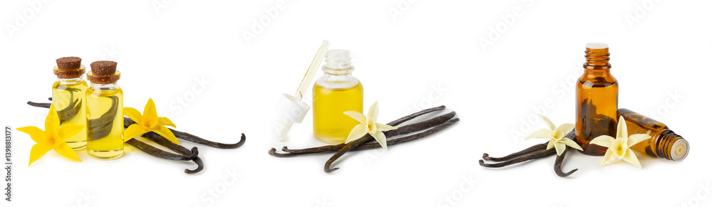 Bottle of vanilla essential oil with vanilla flower isolated on white background. aromatic vanilla beans. Vanilla extract. Spa concept. Beauty and care